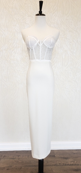WHITE MIDI FIT STRAPLESS DRESS WITH LACE TOP - Picture 1 of 5